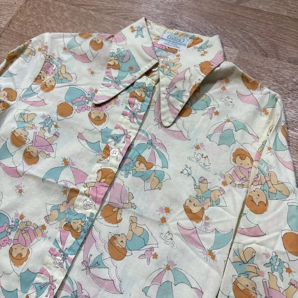 vintage 70s women’s SULTRA Umbrella Kids Novelty Print Button shirt size 32 - Picture 3 of 9